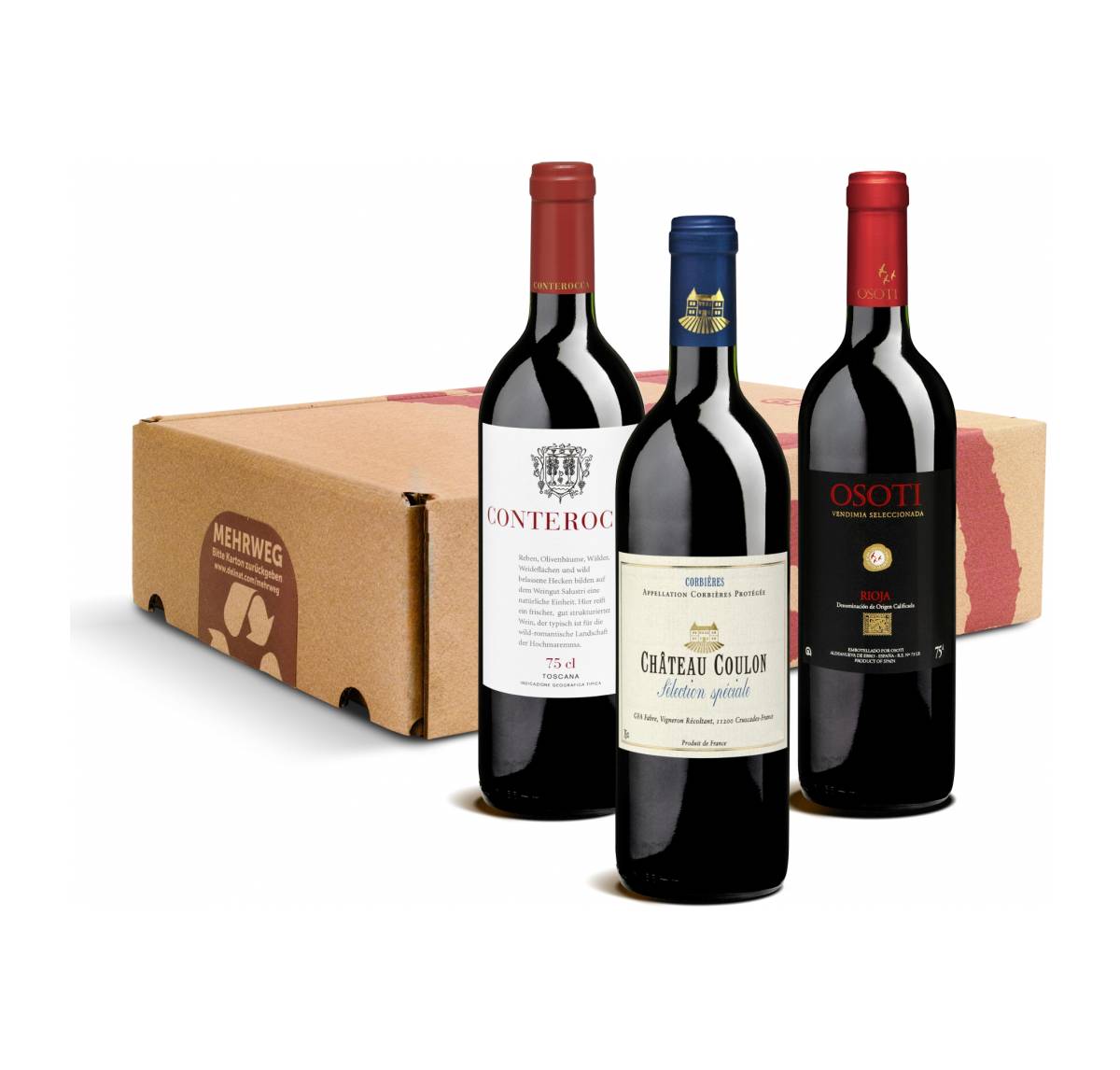 Geschenk-DegustierService Rotwein (3 Fl. Wein) Total 5 Pakete mit 15 Weinen, Dauer 1 Jahr, Bio