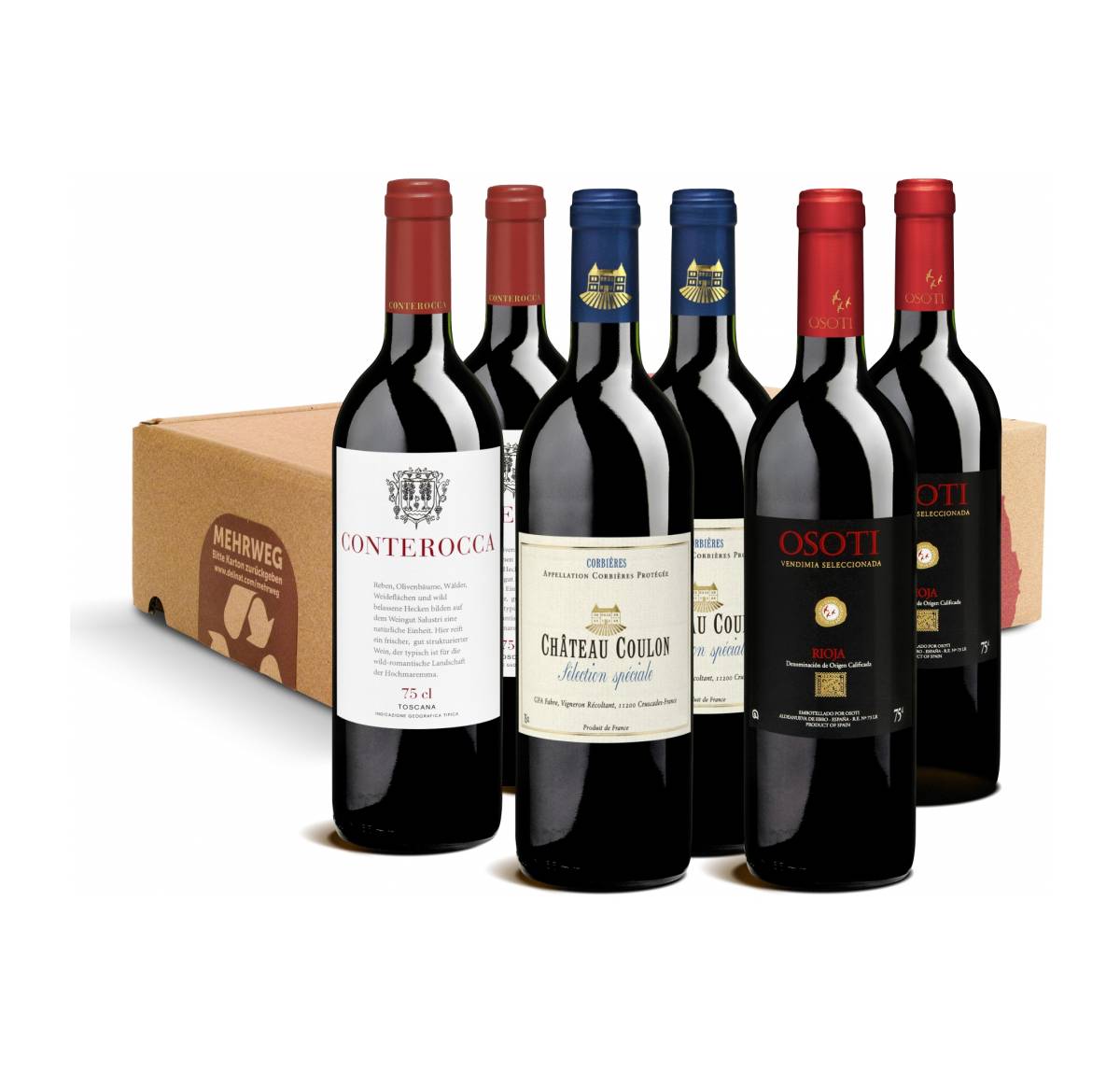 Geschenk-DegustierService Rotwein (3 x 2 = 6 Fl. Wein) Total 5 Pakete mit 30 Weinen, Dauer 1 Jahr, Bio